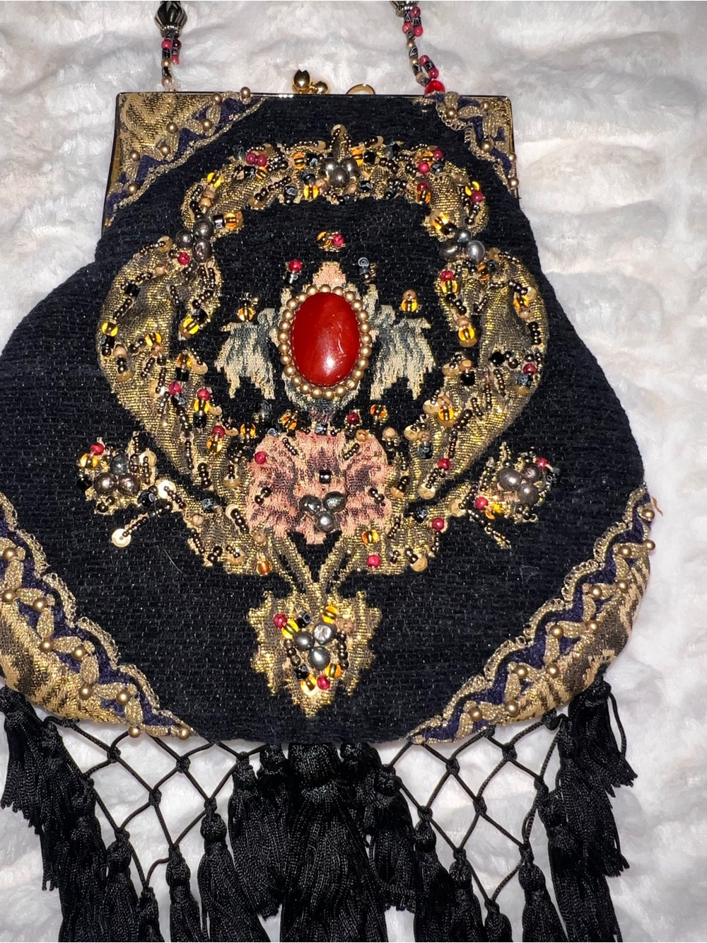 Vintage Victorian Art Deco Mary Frances Black Embroidered Fringe Evening Bag - Picture 3 of 15